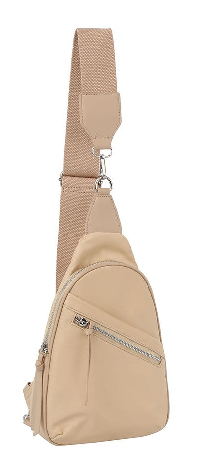 # 72 - Nylon Crossbody Sling Purse With Front Zipper Pocket - Taupe