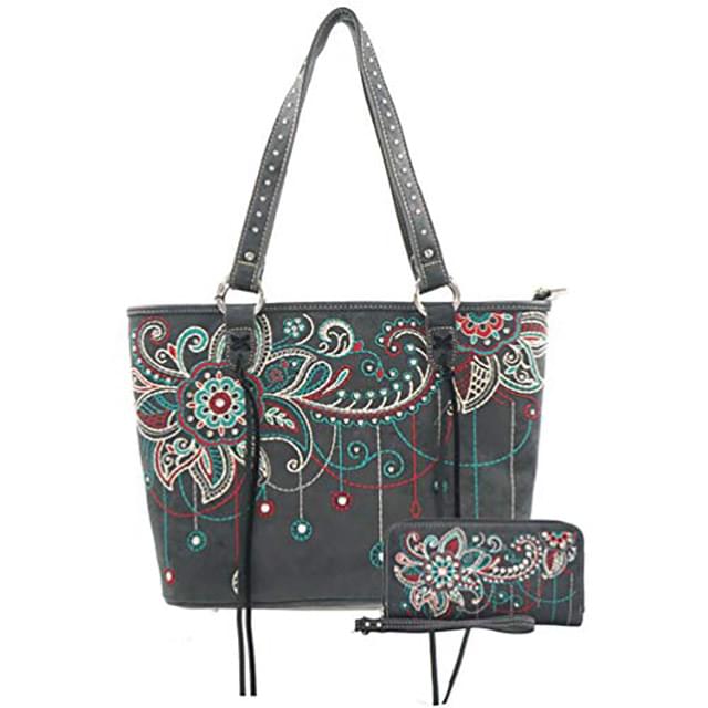 #104 Montana West Embroidered Floral Handbag With Wallet - Black