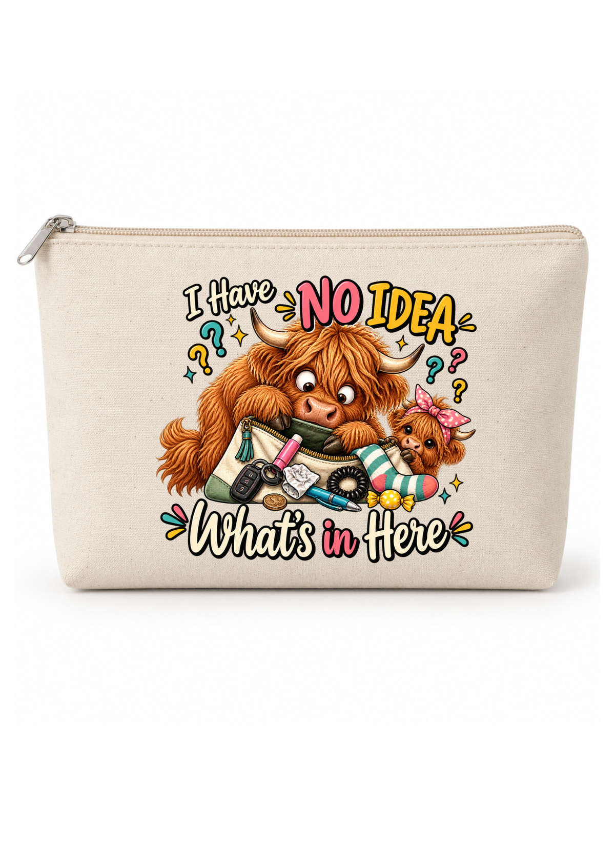 Custom Canvas Zipper Pouches - No idea what in here - Highland cow