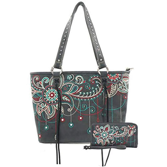 #104 Montana West Embroidered Floral Handbag With Wallet - Black